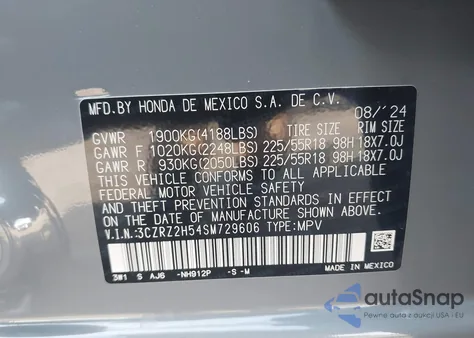 2025 Honda Hr-V Awd Sport from USA, damaged, VIN 3CZRZ2H54SM729606